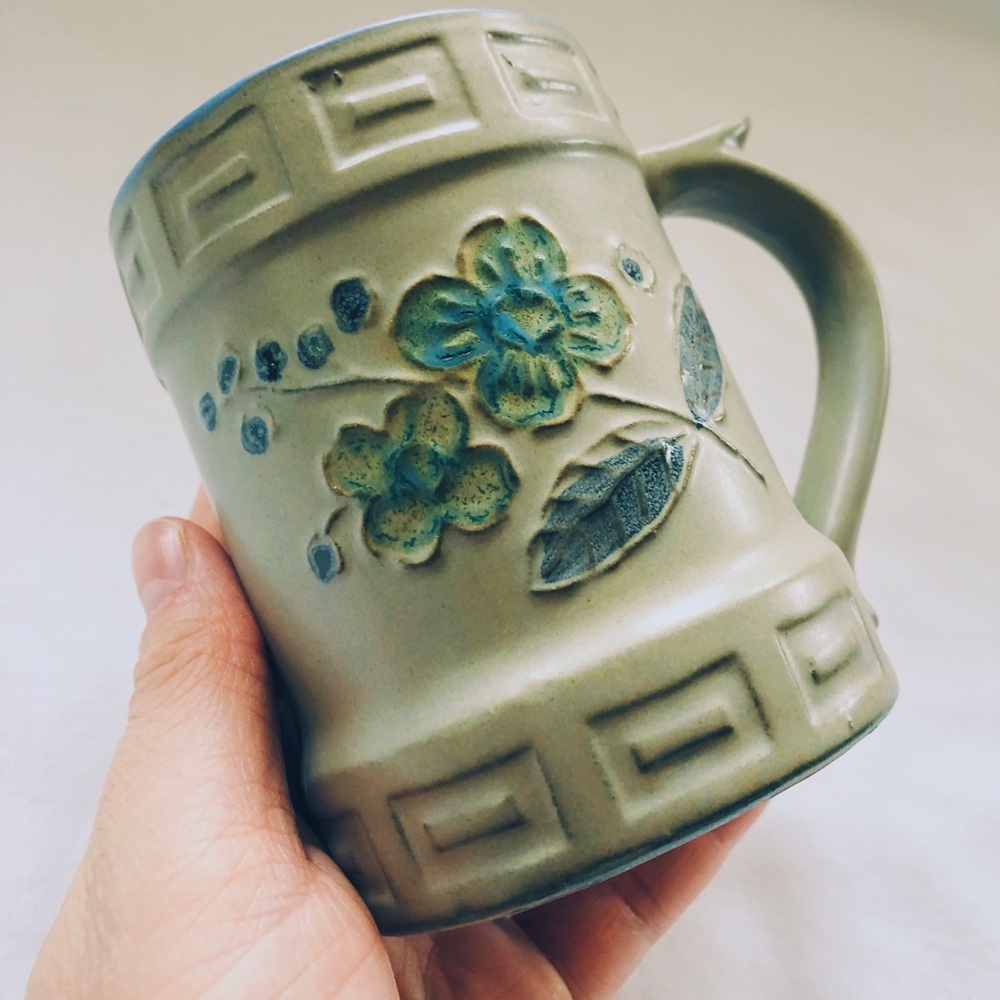 Vintage Stoneware Floral Mug Japan Blue Flowers